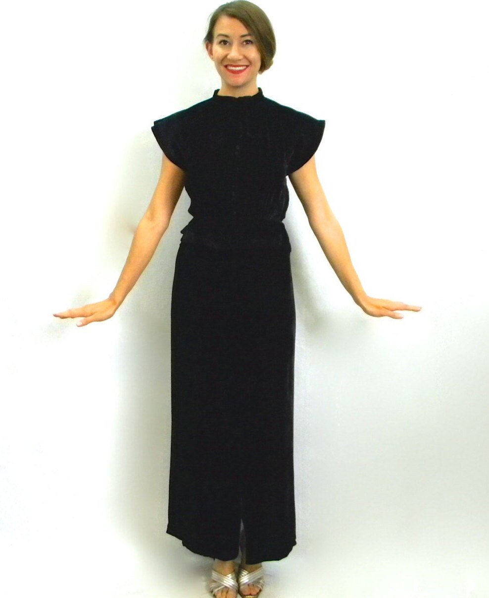 1930s Black Silk Velvet Gown with Deco Corded Shoulder Dress, Small