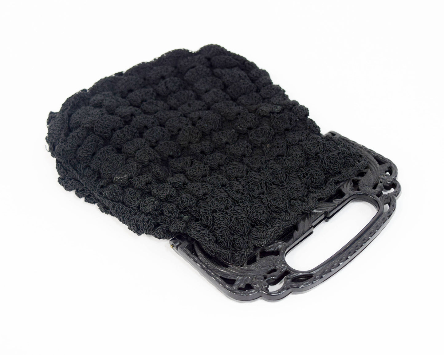 1940s Black Crochet Purse | Black Evening Bag | Carved Plastic Handle