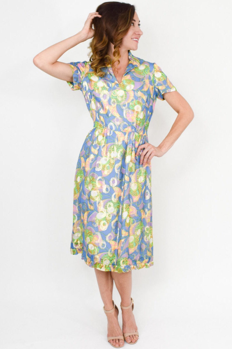 1960s Blue Floral Metallic Party Dress | 60s Blue Gold Metallic Lamé Dress | Jackie O | Medium