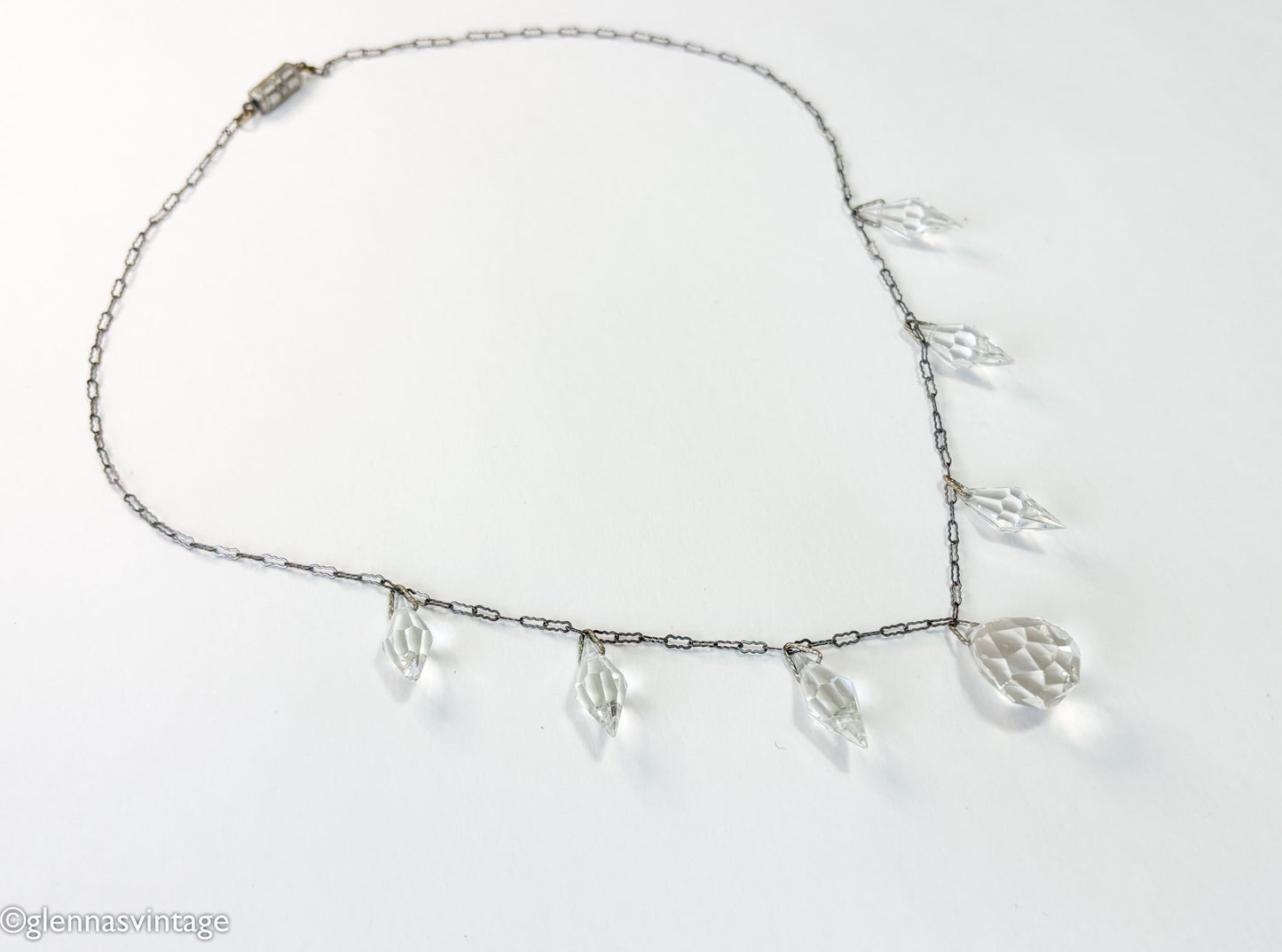 1930s Crystal Glass Pendant Necklace, Vintage Drop Necklace