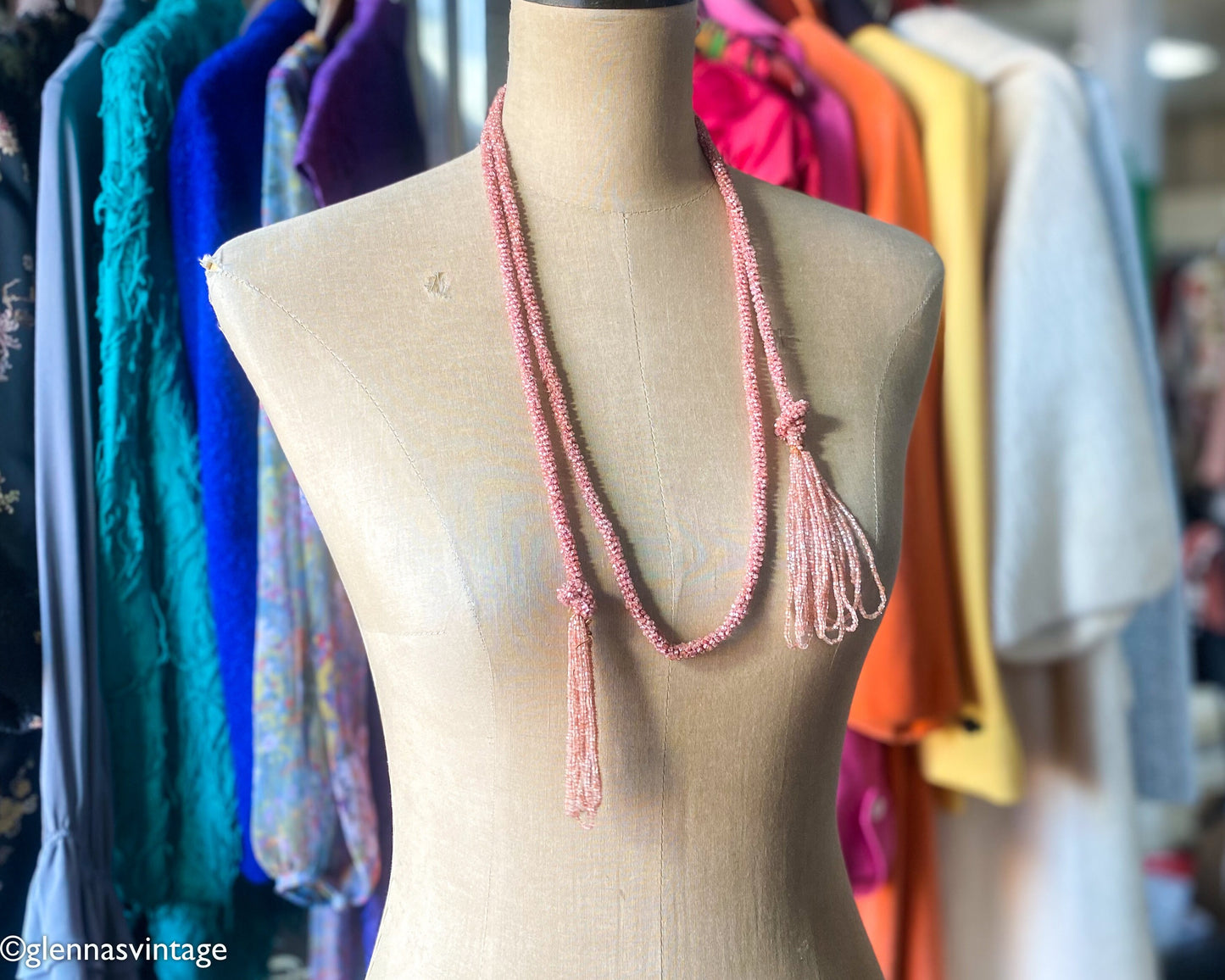 1920s  Pink Glass Bead Necklace | 20s Pink Beads Lariat Necklace | Flapper | Downton Abby | Gatsby