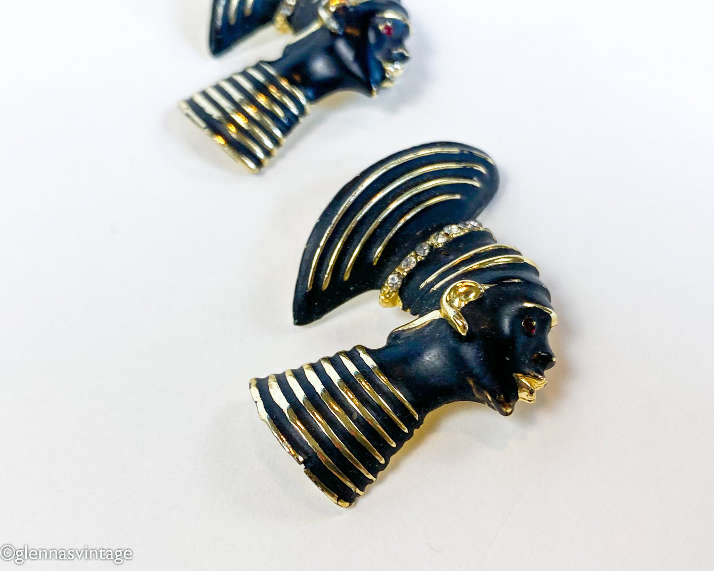 1950s Nubian Princess Brooch Set | Gold & Black Enamel Pins