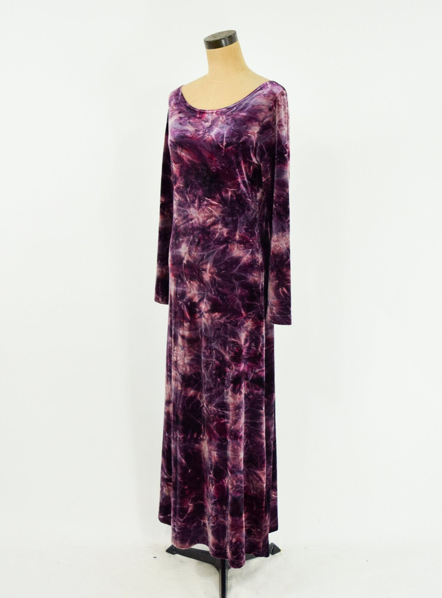 1990s Purple Tie Dye Velvet Maxi Dress, Large