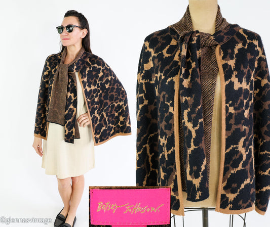 2000s Animal Print Sweater Cape | Brown Knit Shrug | Betsey Johnson, One Size