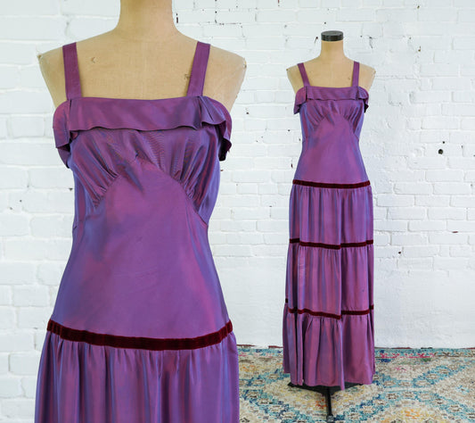1930s Iridescent Purple Taffeta Evening Gown with Velvet Trim, Small