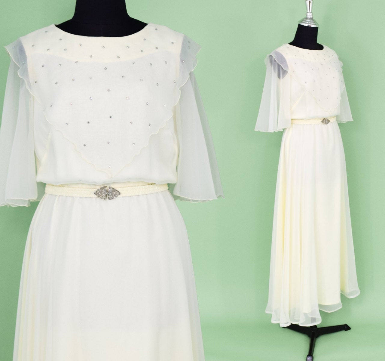 1970s Creme Rhinestone Evening Gown, Small