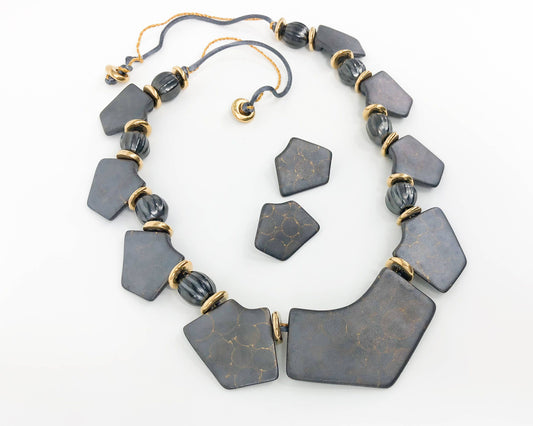 1980s Gray Ceramic Necklace & Earrings Set