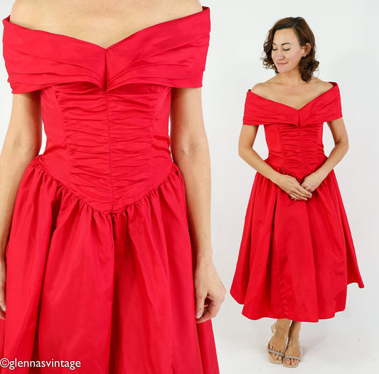 1980s Jessica McClintock Red Taffeta Party Dress, Small