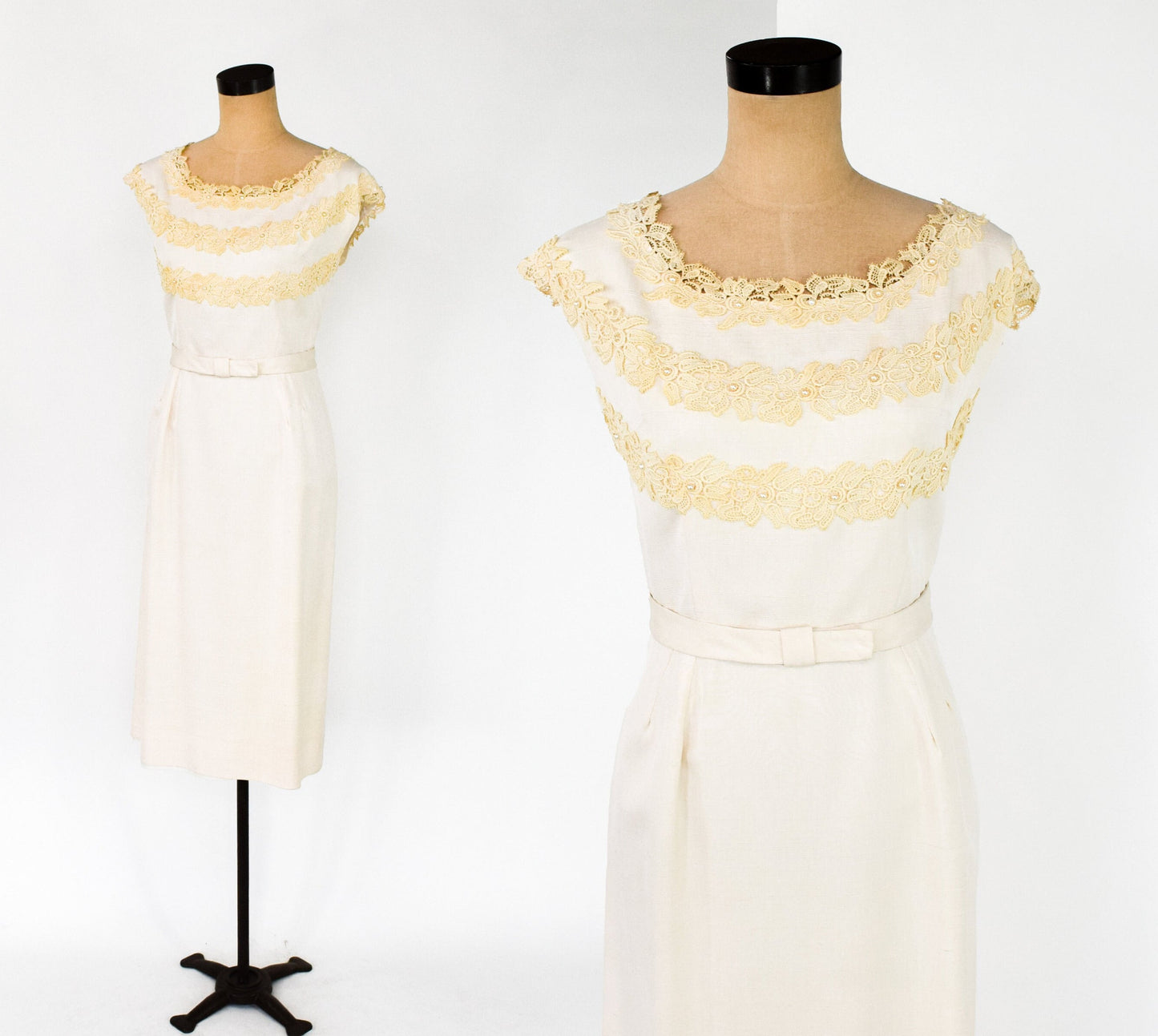 1950s Ivory Lace. & Creme Silk Cocktail Dress, Extra Large