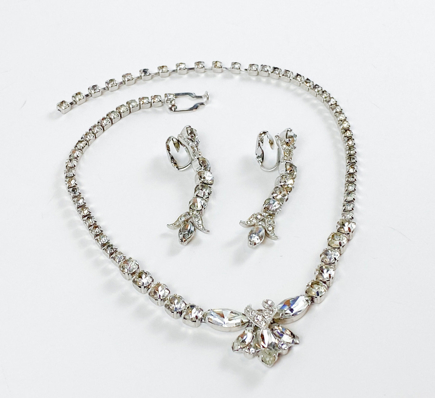Eisenberg | 1950s Rhinestone Necklace & Earrings Set | 50s Rhinestone Pendant Necklace | Matching Earrings | Eisenberg E