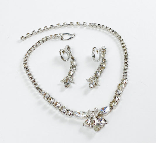Eisenberg | 1950s Rhinestone Necklace & Earrings Set | 50s Rhinestone Pendant Necklace | Matching Earrings | Eisenberg E