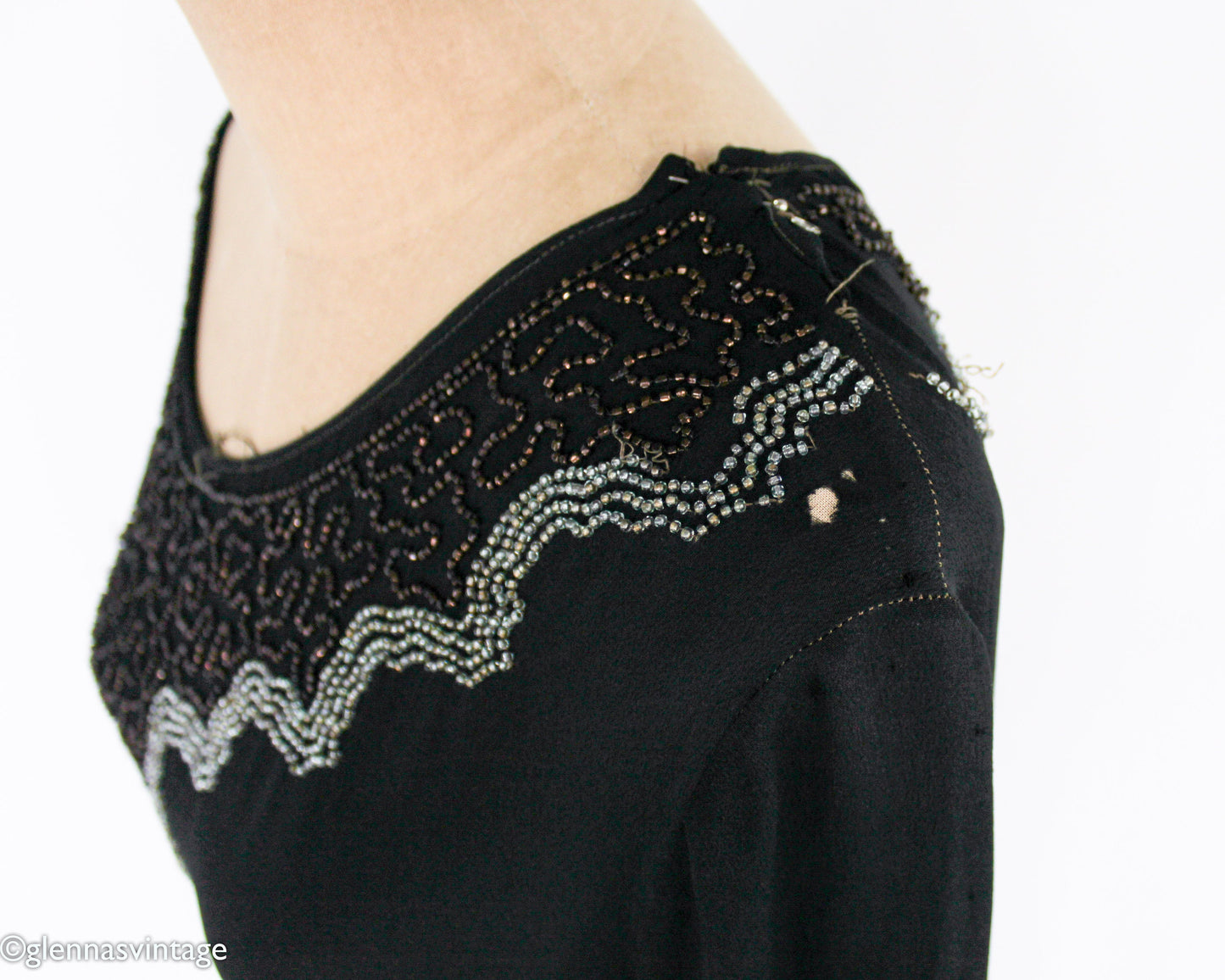1920s Plus Size Beaded Black Silk Dress, Extra Large