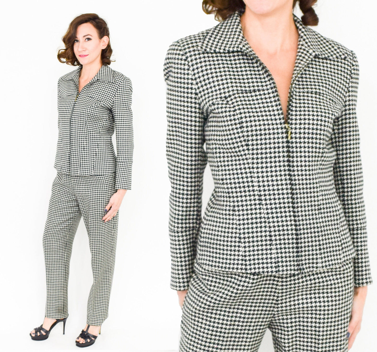 1970s Lilli Ann Grey Houndstooth Wool Pantsuit, Jacket & Pants Set, Medium