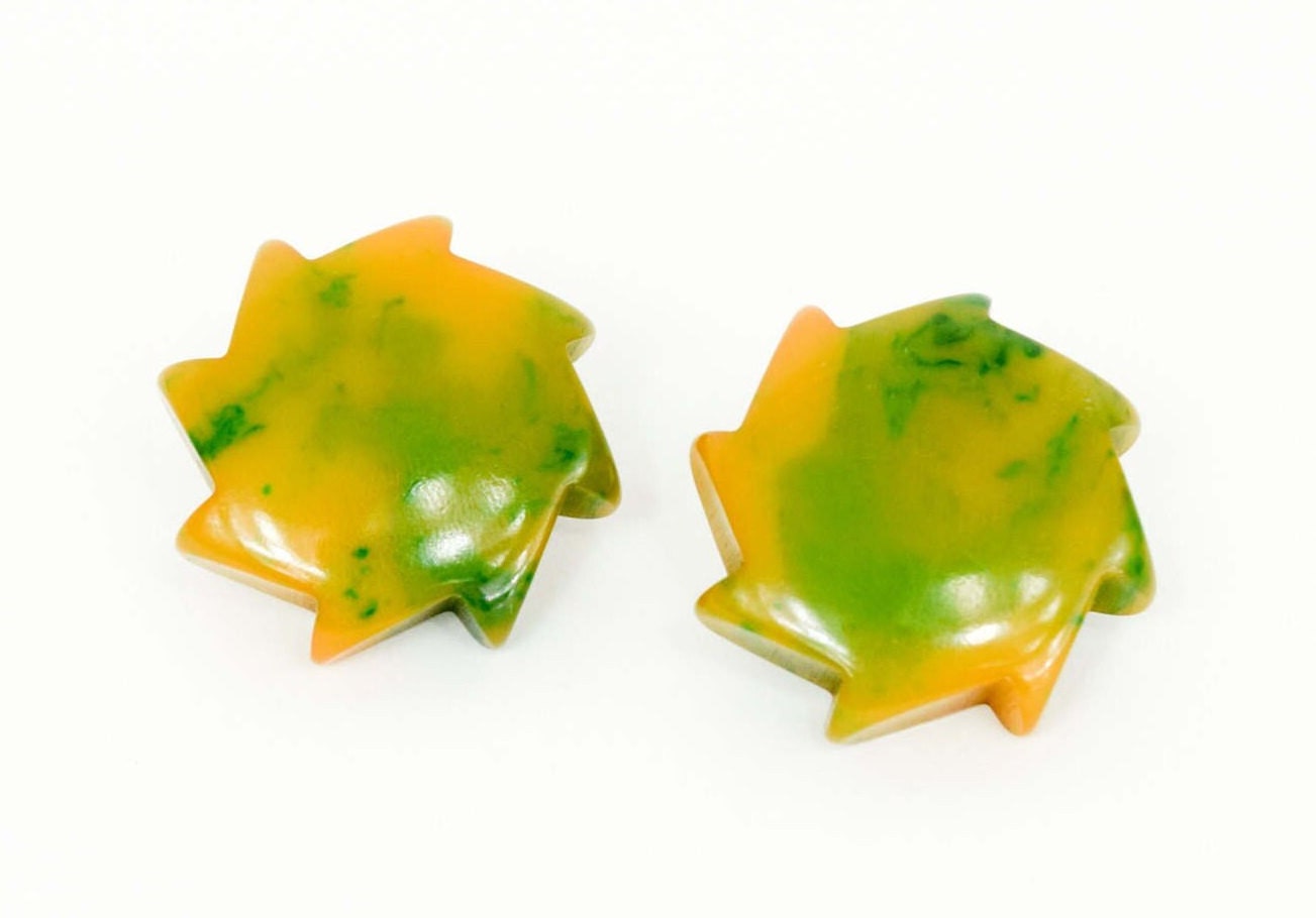 1940s Yellow & Green Bakelite Clip Earrings | 40s Marbled Green Bakelite Earrings