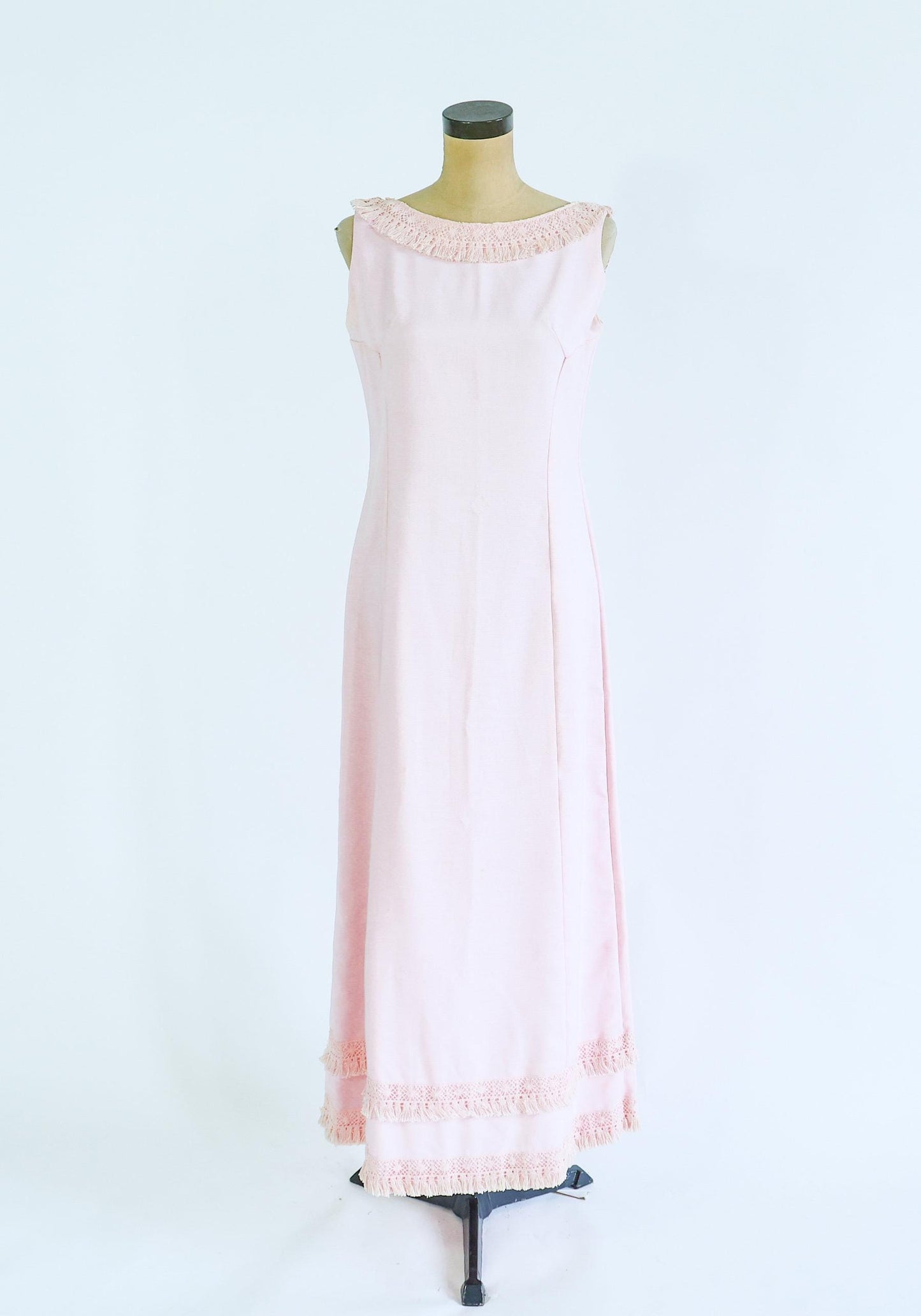 1960s Pink Fringe Column Dress | 60s Pale Pink Cotton Maxi Dress | Emma Domb | Medium