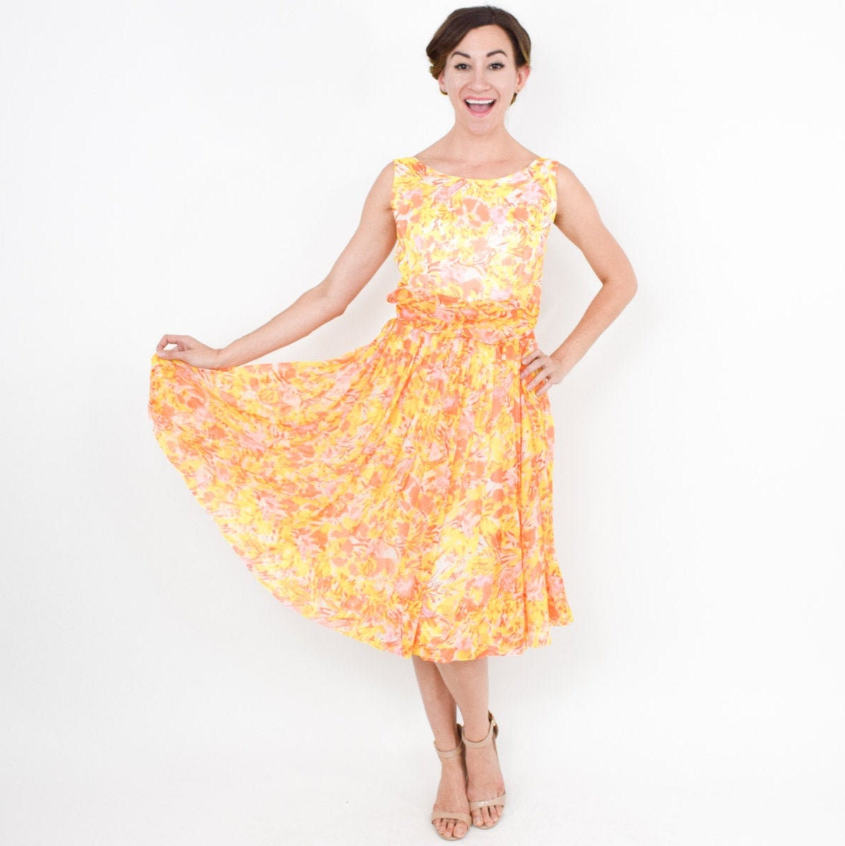 1950s Yellow Flowered Chiffon Dress | 50s Yellow & Orange Floral Dress | Small