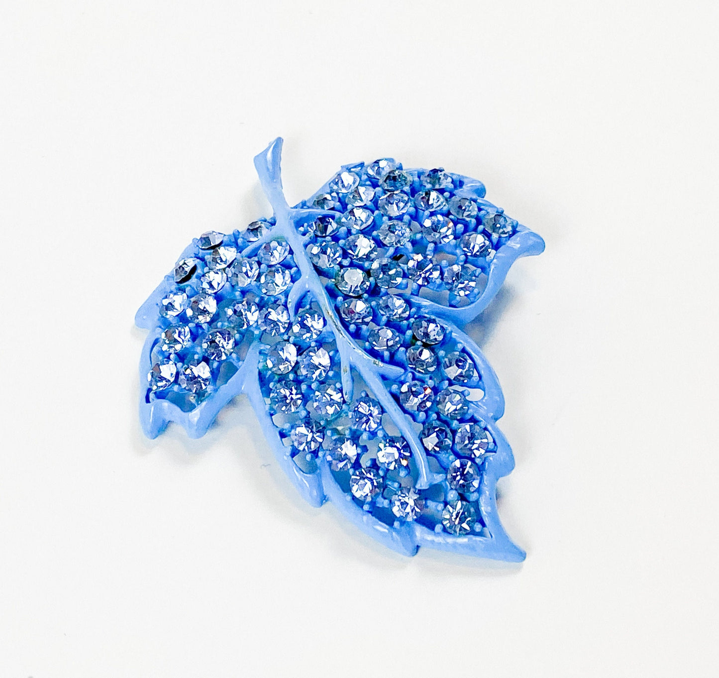 Weiss | 1960s Blue Rhinestone Leaf Brooch | 60s Blue Enamel & Rhinestone Pin | Weiss