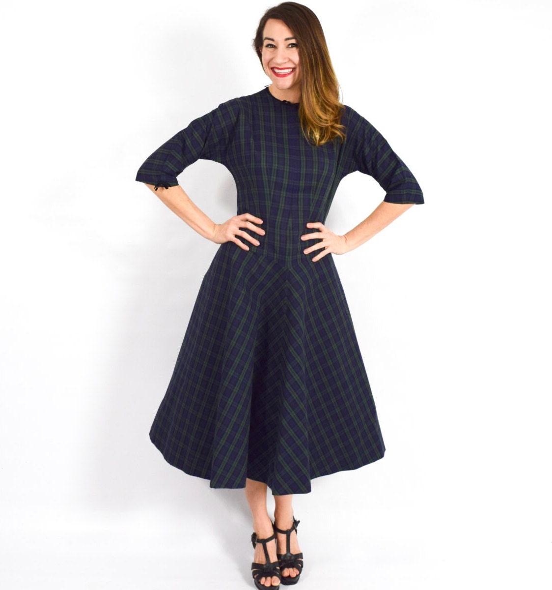 1950s Navy & Green Plaid Cotton Dress, Medium