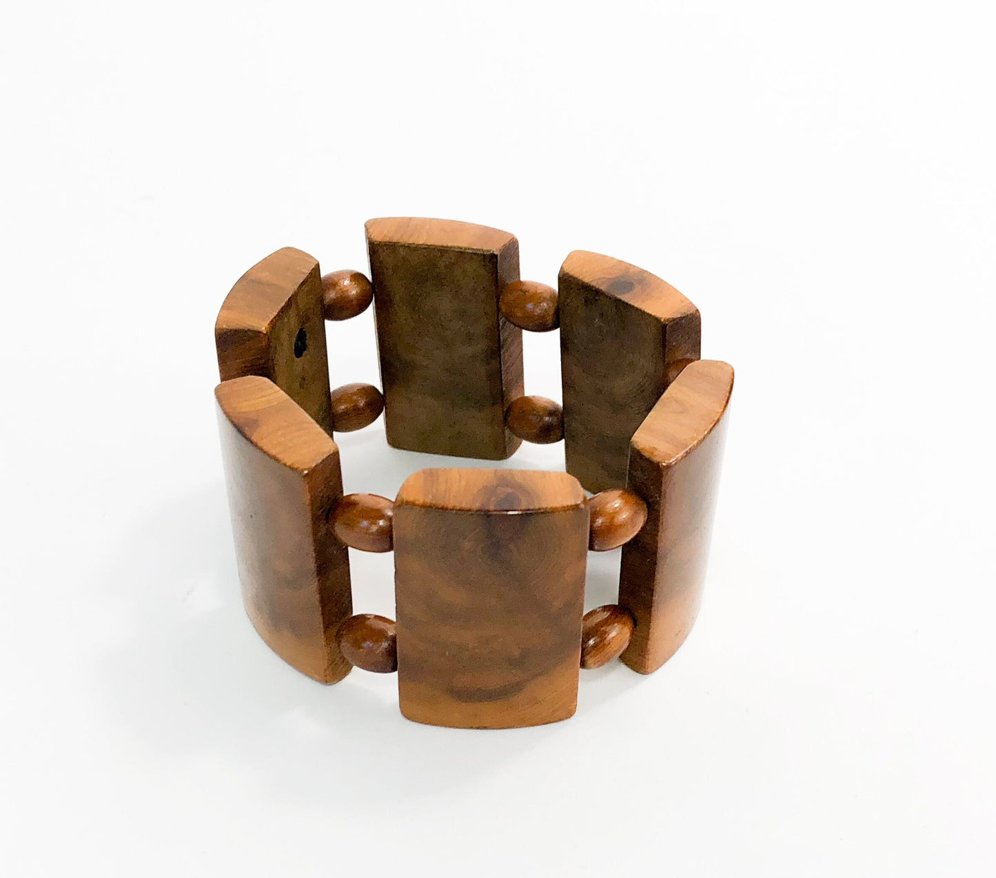 1950s Wood Link Bracelet | 50s Wooden Rectangles Bracelet | Wood Expansion Bracelet