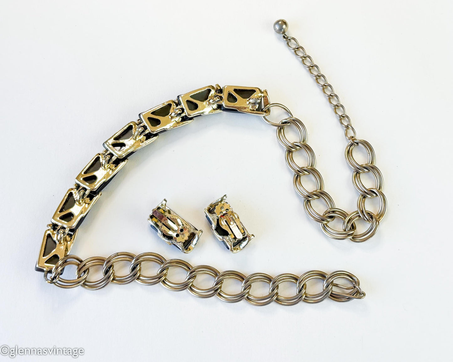 1960s Gray Lucite Necklace & Clip Earring Set | Gold Chain