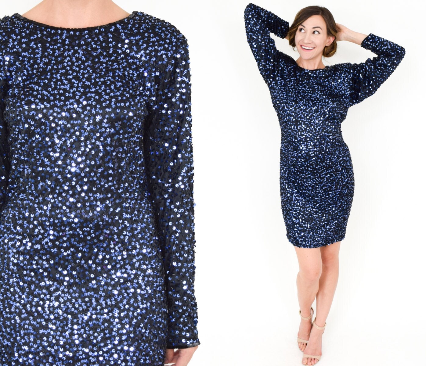 1990s Blue Sequin Low Back Party Dress, Medium