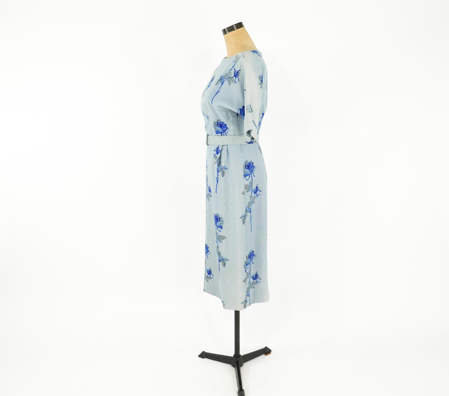 1950s Blue Floral Wool Sheath Dress, Medium