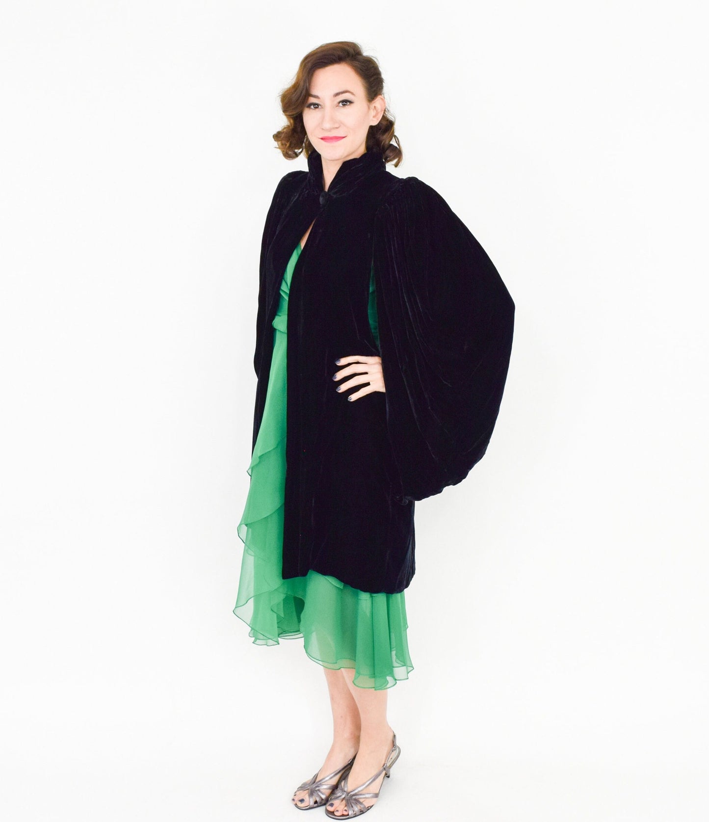 1930s Black Silk Velvet Evening Coat with Black Draped Sleeves Cape, Medium