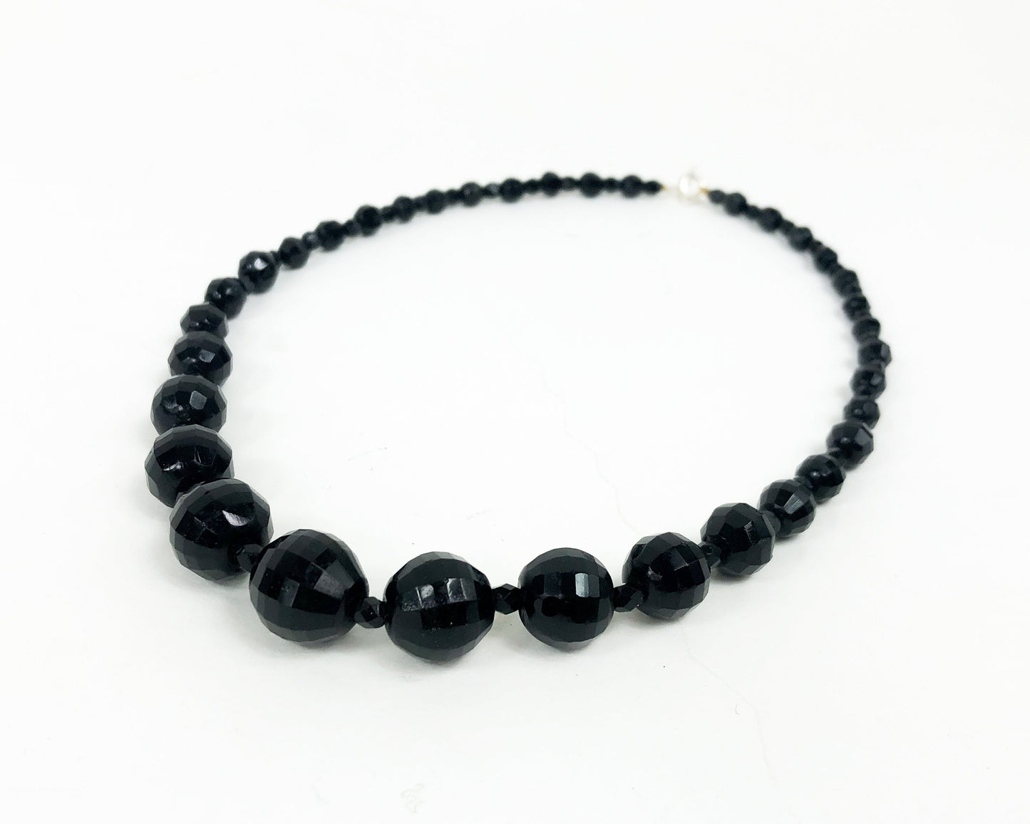 1950s Black Glass Bead Necklace | 50s Black Faceted Glass Choker