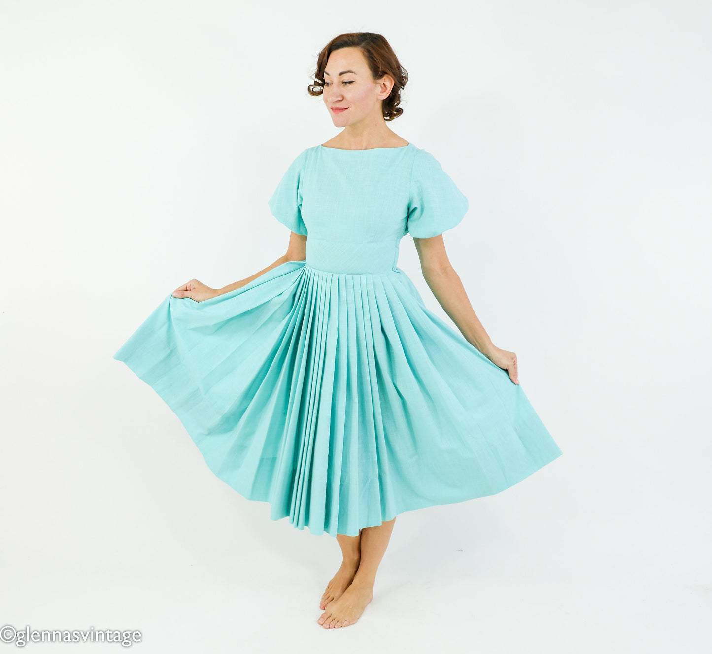 1950s Turquoise Blue Cotton Dress, Extra Small