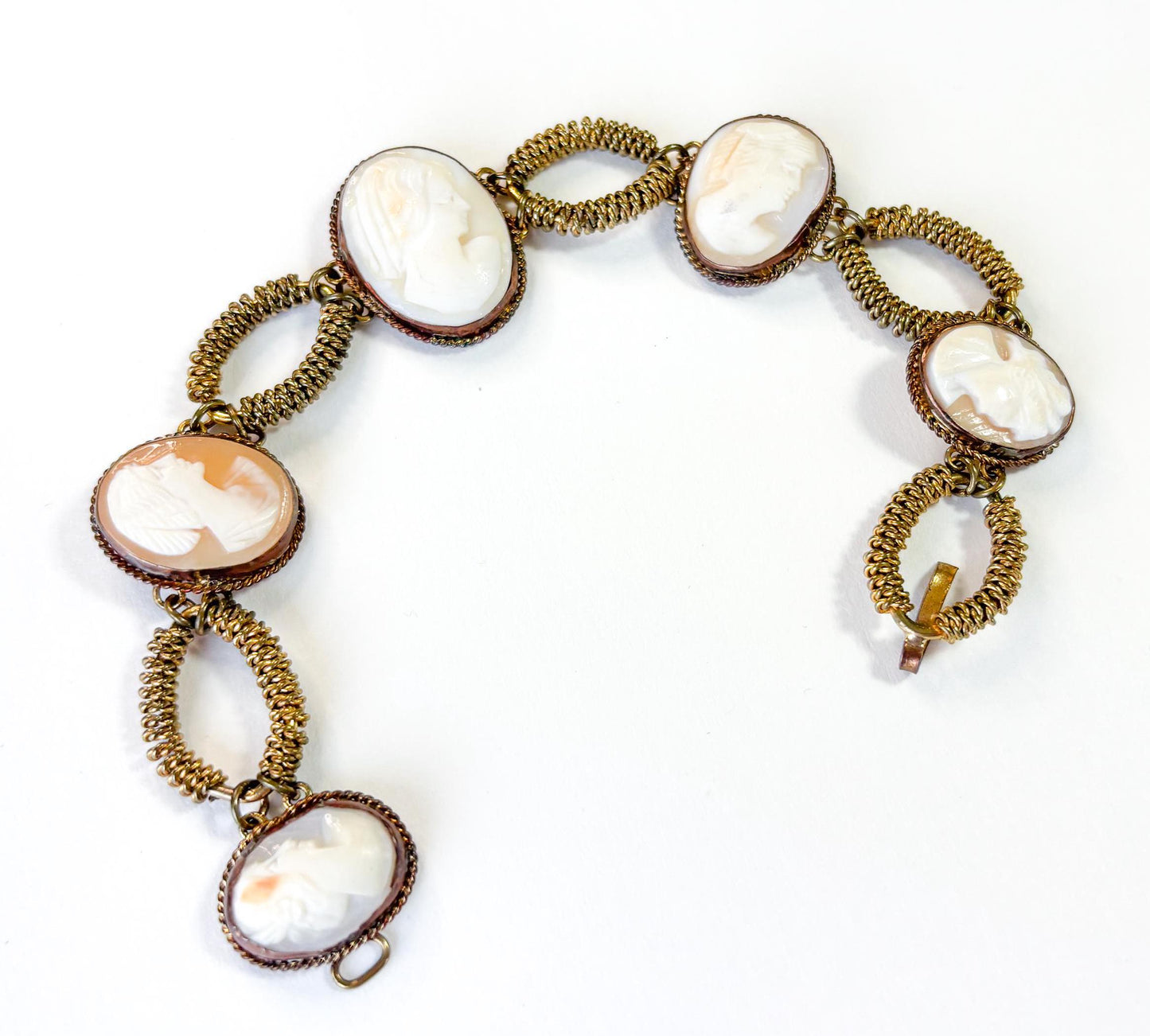 Antique Shell Cameo & Brass Bracelet, 1900s Jewelry