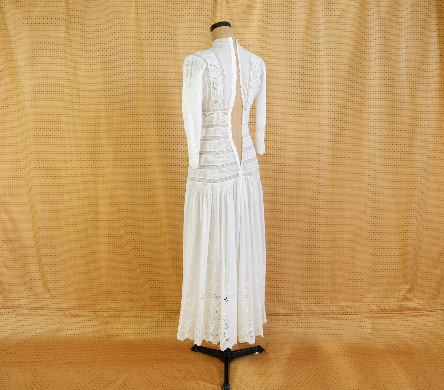 1880s Edwardian Lace Cotton Gown, Antique Walking Dress, Small