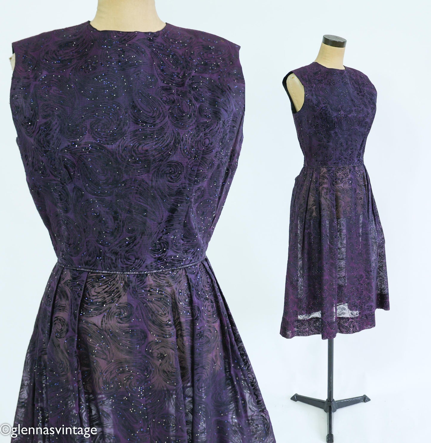 1950s Purple & Black Glitter Party Dress, Medium