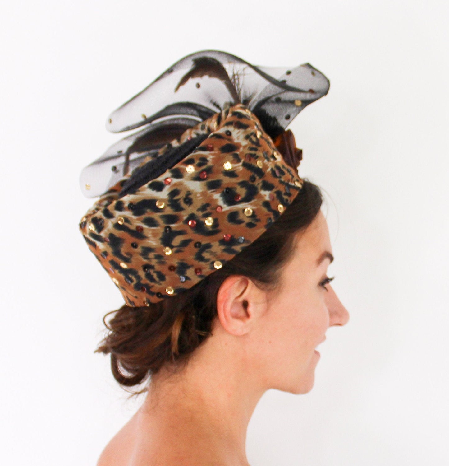 1980s Leopard Fascinator Hat with Tulle & Sequins