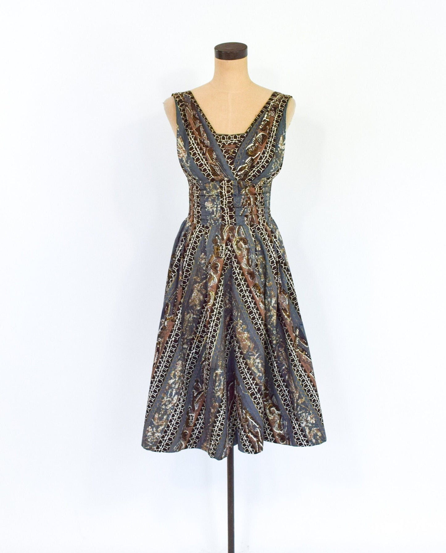 1950s Brown & Grey Hawaiian Tiki Dress, Extra Small