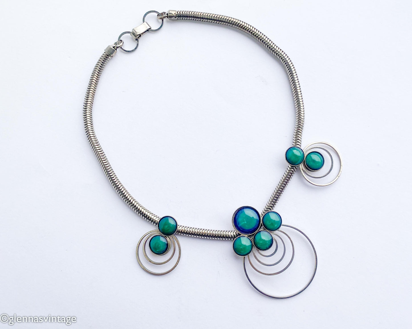1960s Mod Necklace | Silver Circles, Green Glass Pendant