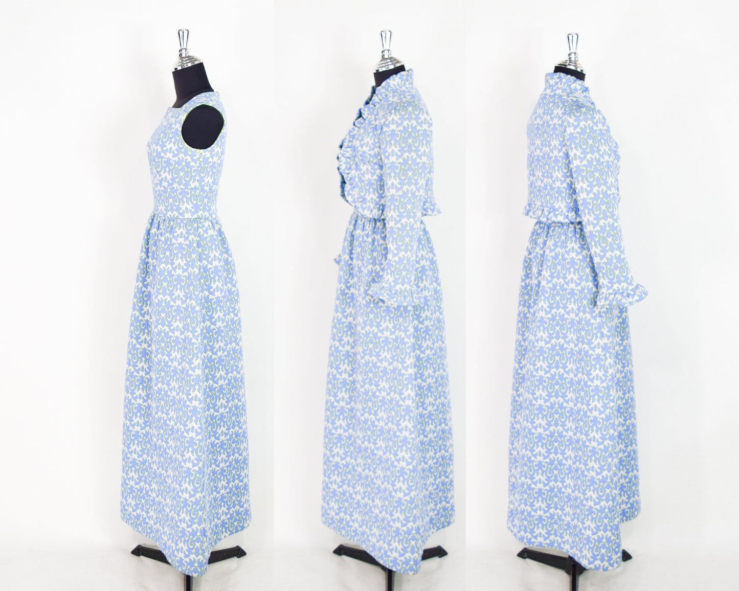 1970s Blue Floral Maxi Dress & Jacket | 70s Sky Blue Maxi Dress Set |  BELFRY | Medium