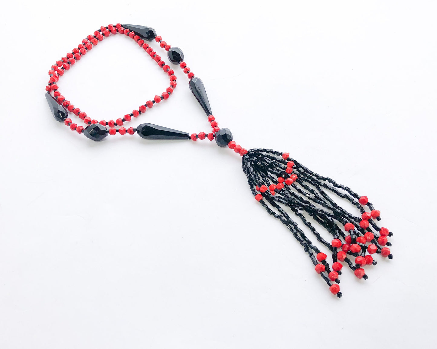 1920s Flapper Necklace | Red & Black Beaded Tassel Rope