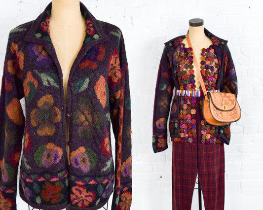 1980s Purple & Burgundy Pant Outfit | Purple Floral Sweater | Wearable Art | Medium Large