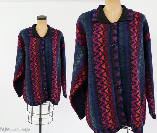 1980s Black Alpaca Wool Stripe Cardigan Sweater Jacket, Large