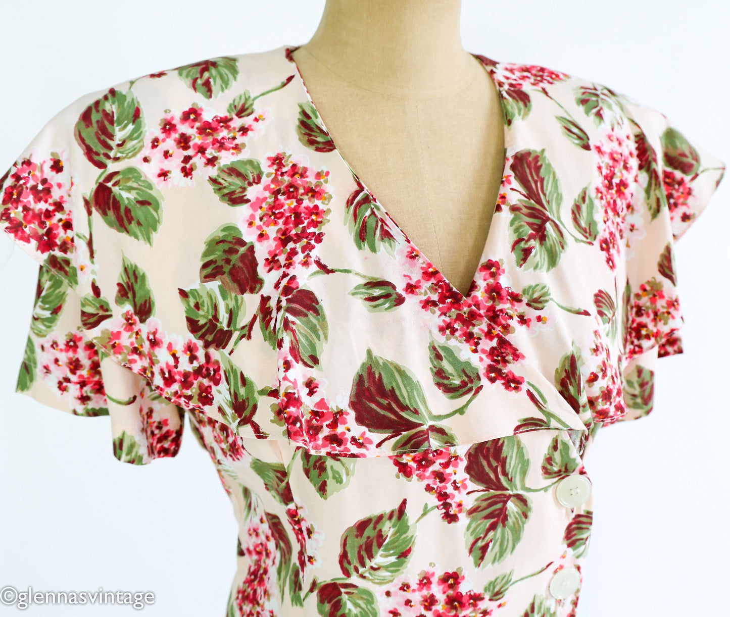 1980s Creme & Pink Floral Print Dress, Size 8 Medium