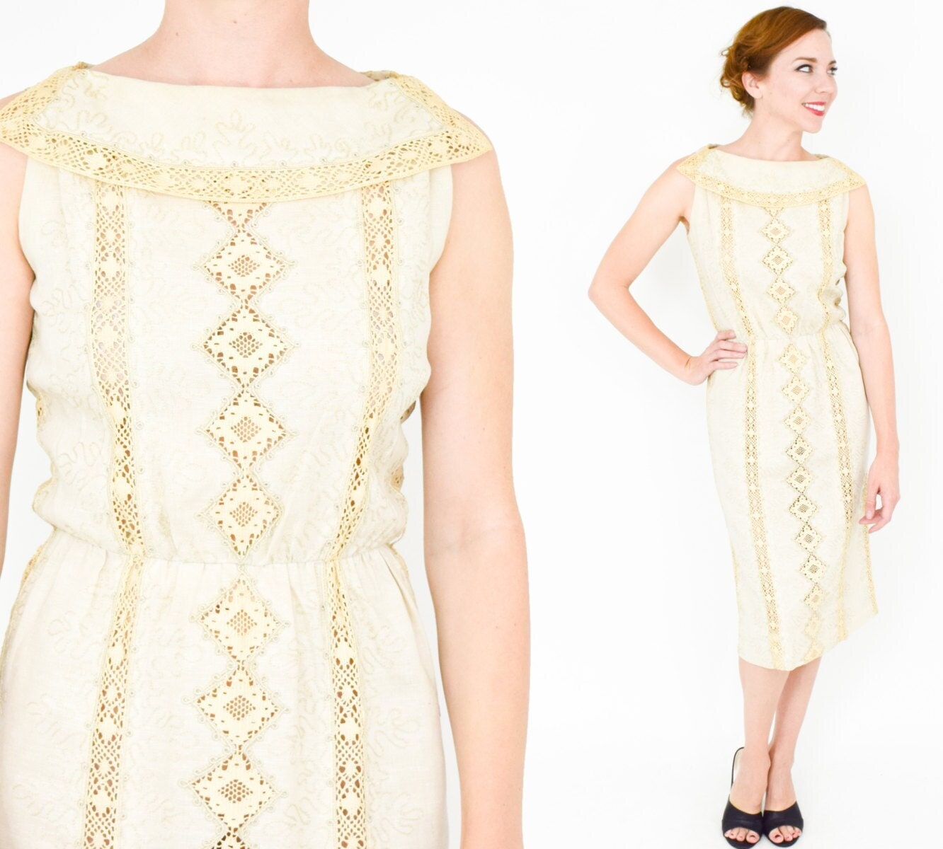 1950s Beige Irish Linen Dress, Medium