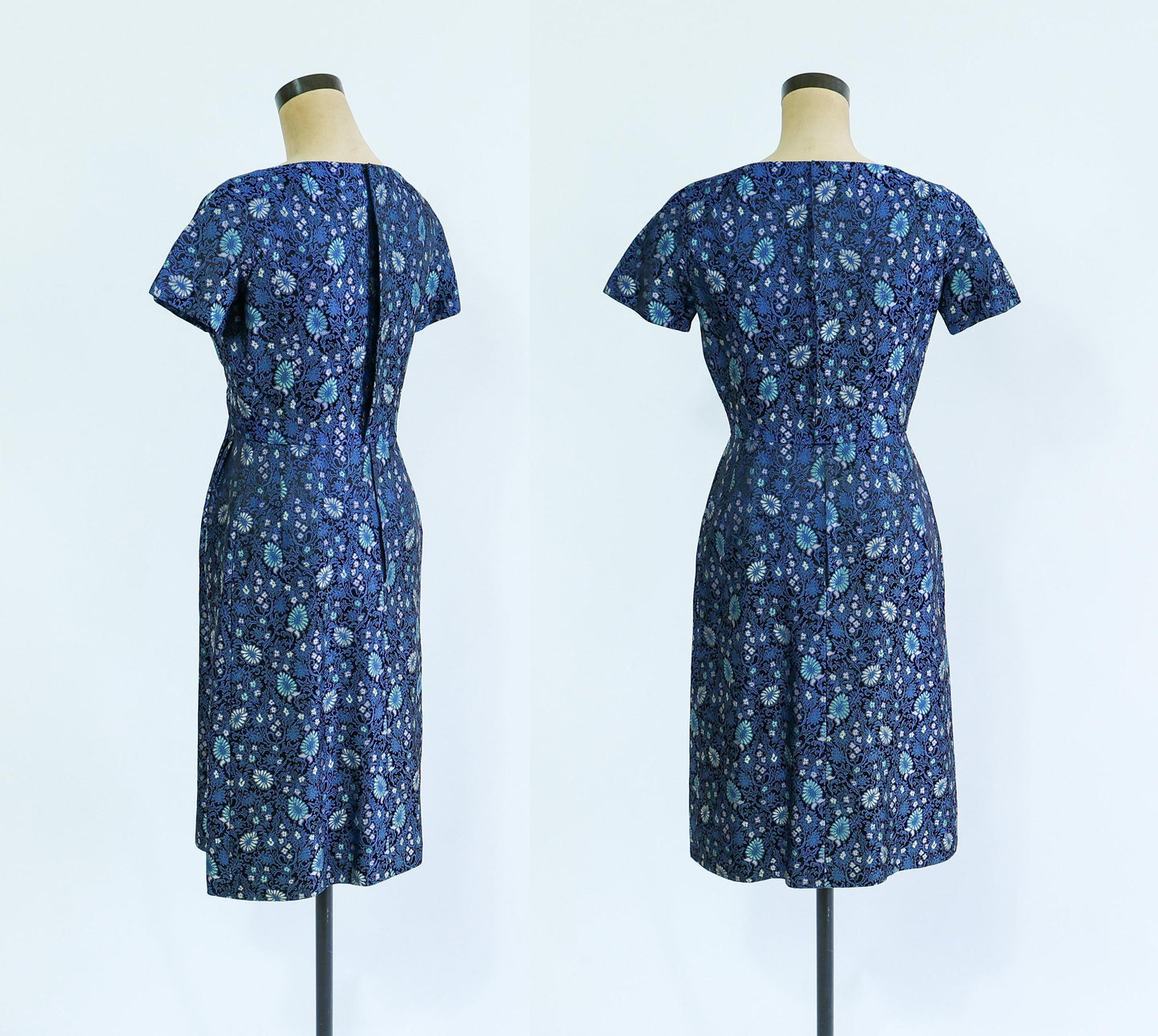 1960s Blue Brocade Dress & Jacket Set | 60s Navy Blue Print Brocade Dress Set | Mary Louise | Small