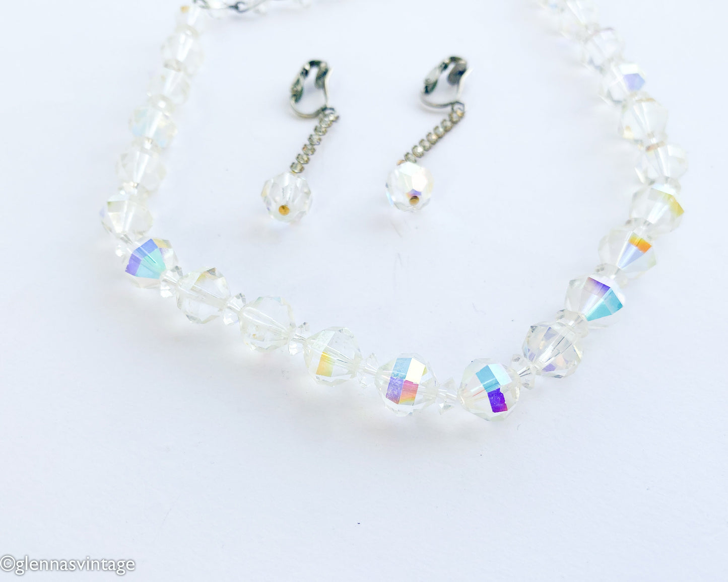 1950s Aurora Borealis Crystal Necklace & Earrings Set, Iridescent Jewelry