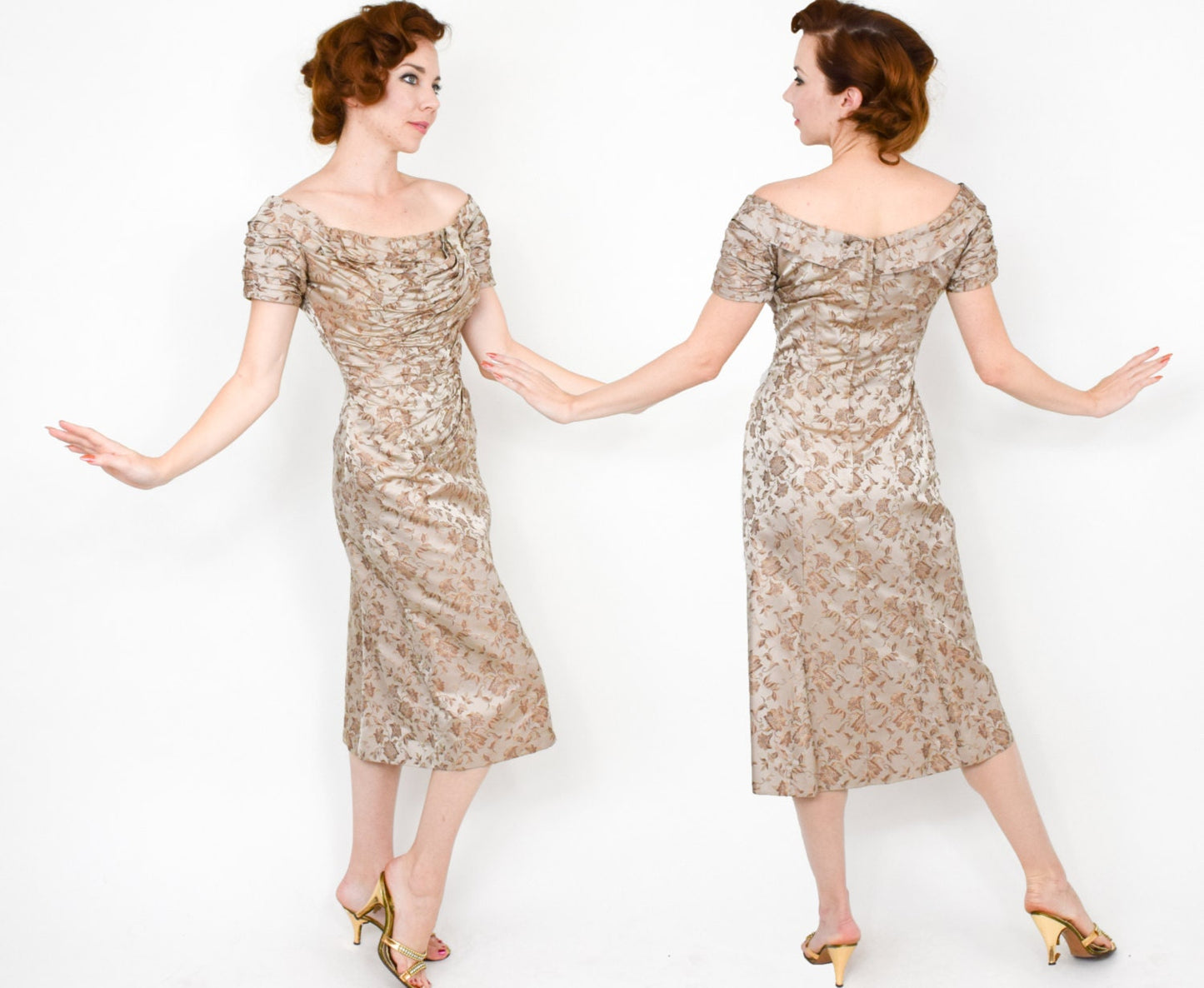 1950s Ceil Chapman Beige Silk Evening Gown, Small
