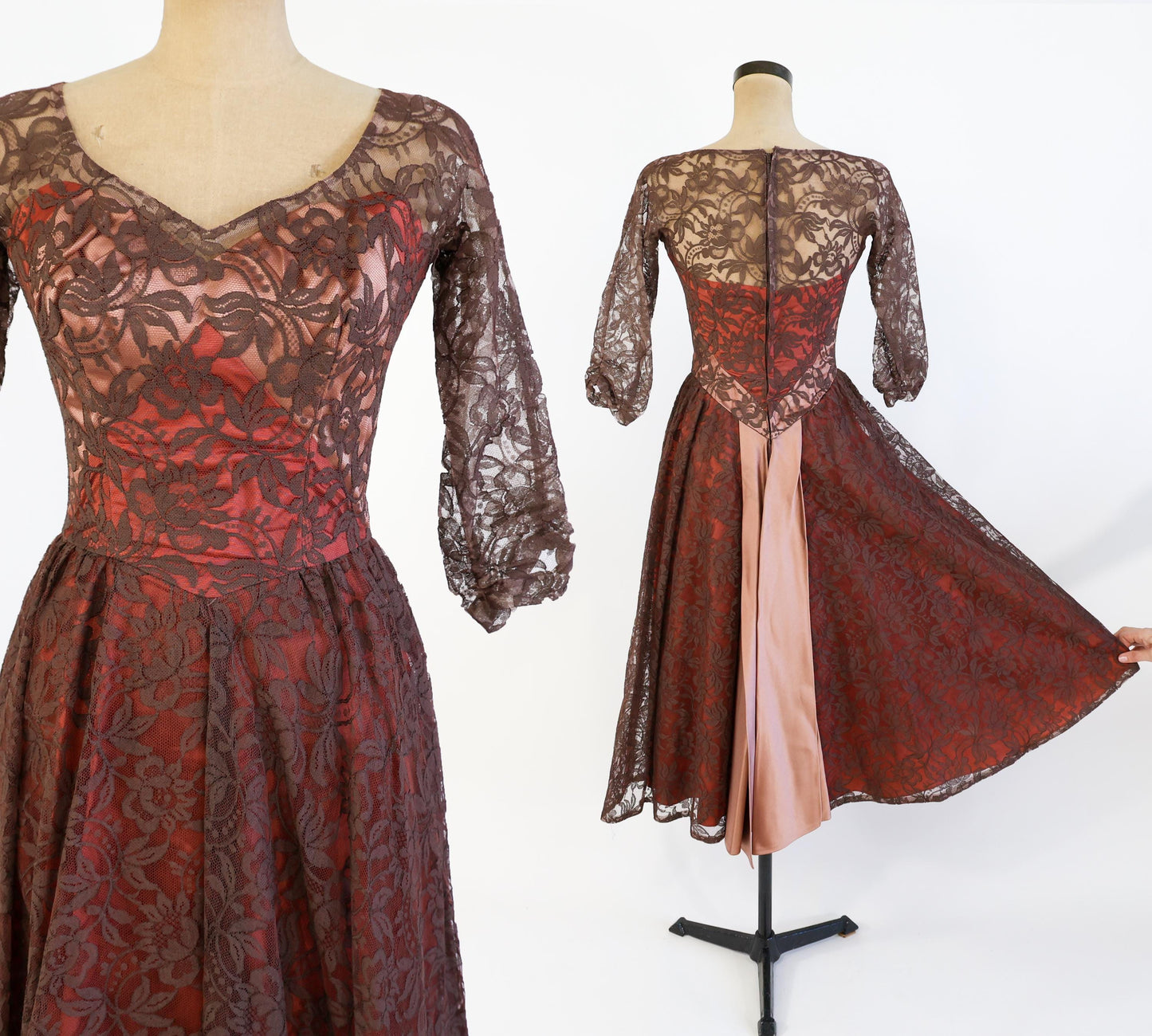 1950s Brown & Pink Lace Party Dress, Small