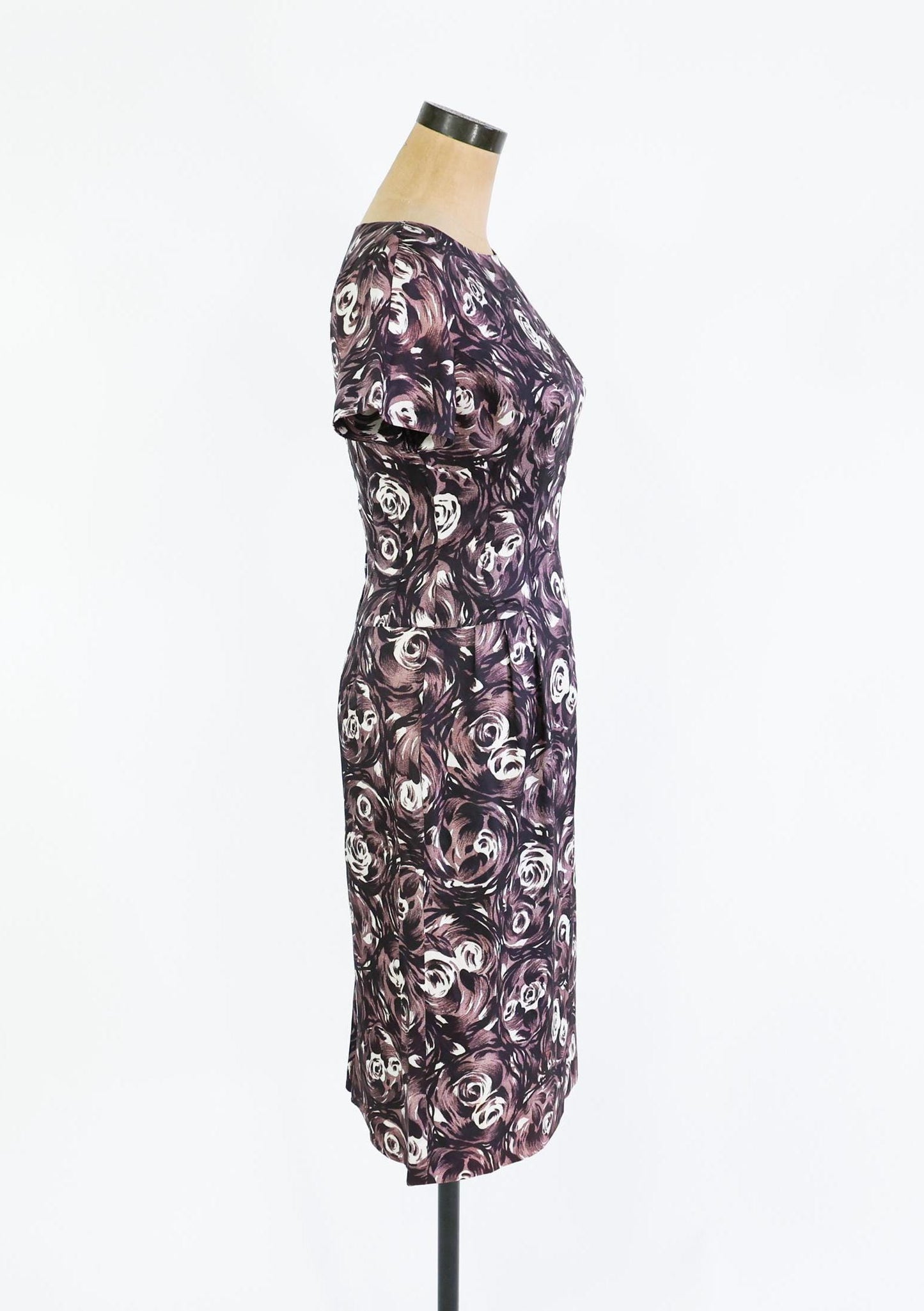 1950s Black & Gray Rose Print Dress, Small