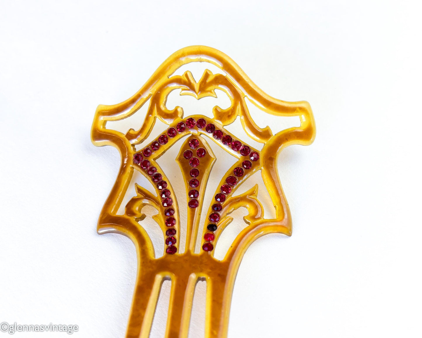 1900s Brown Celluloid Mantilla Hair Comb, Red Rhinestones