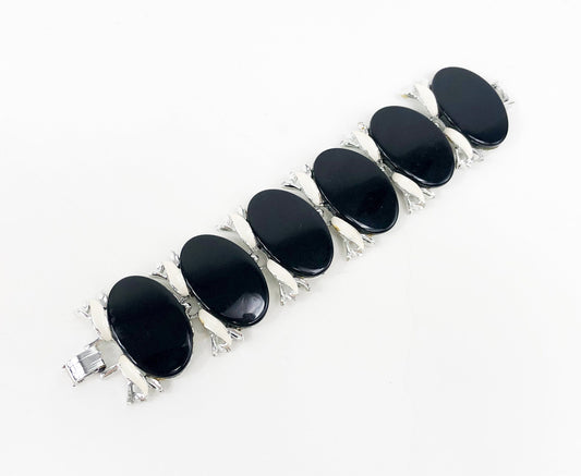 1960s Black Plastic Link Bracelet | 60s Black Ovals Lucite Bracelet | Black Link Bracelet