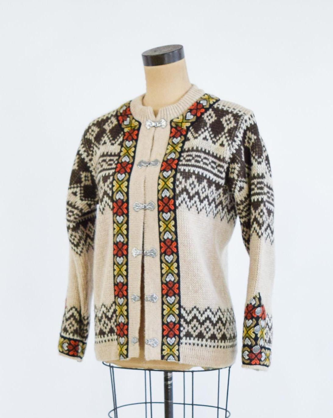 1950s Nordic Brown Pattern Virgin Wool Cardigan, Medium
