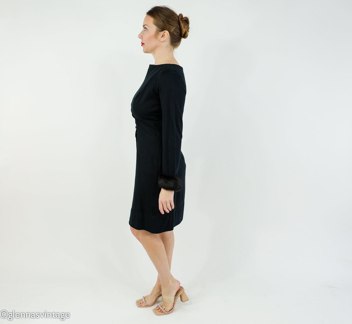 1960s Black Wool Fur Cuff Dress | 60s Black Wool Knit Cocktail Dress | Medium
